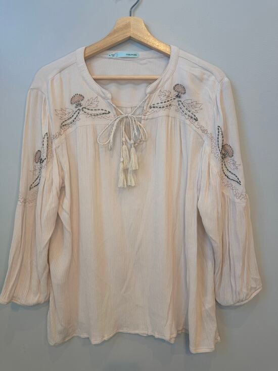 Maurices Tops - Maurices Embroidered Beaded Peasant Blouse Blush Cream Tassel Tie XL